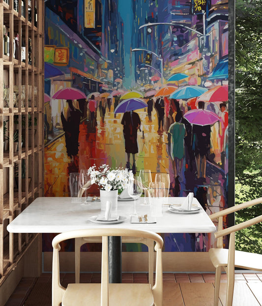 Raining Cityscape Wallpaper Mural - Abstract Color Mural. #6762