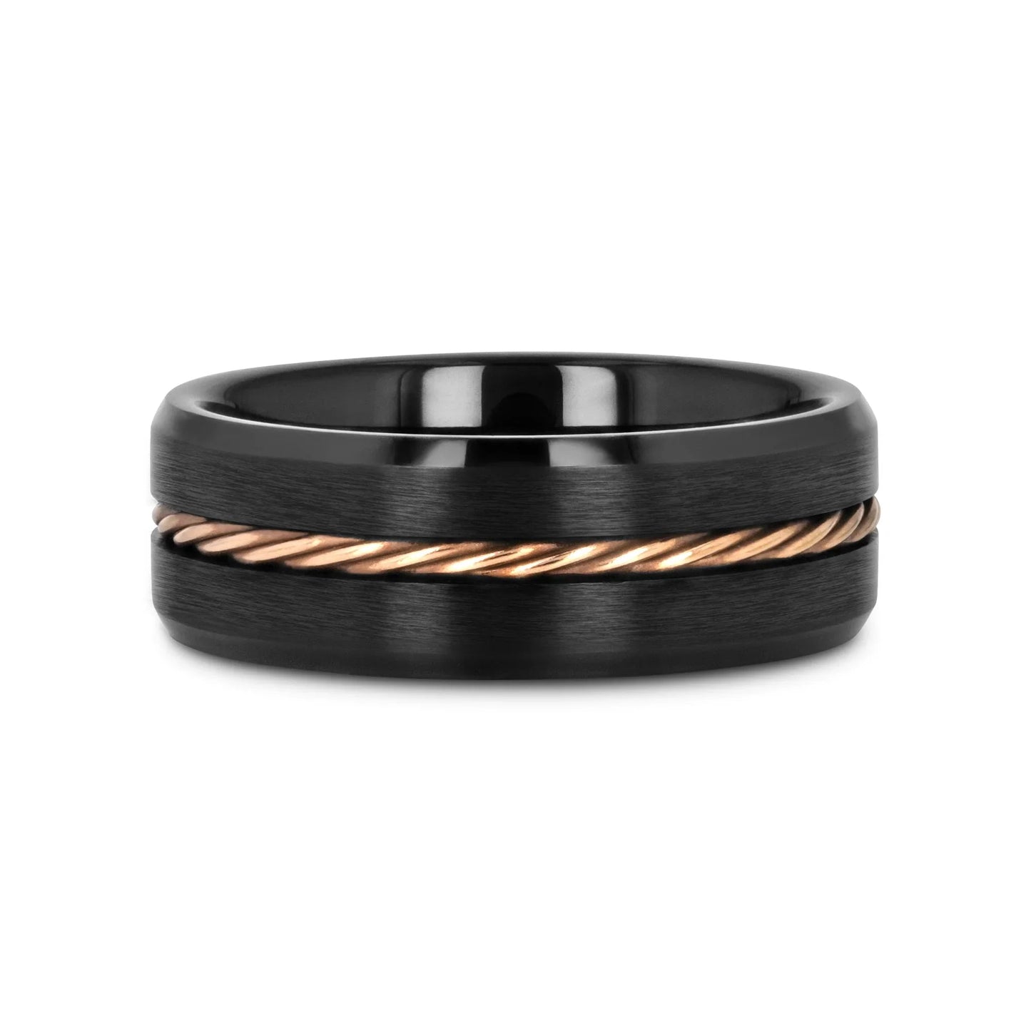 ADELARD Rose Gold Braided Cable Black Tungsten Men’s Wedding Band, Brushed Center with Polished Beveled Edges – 8mm