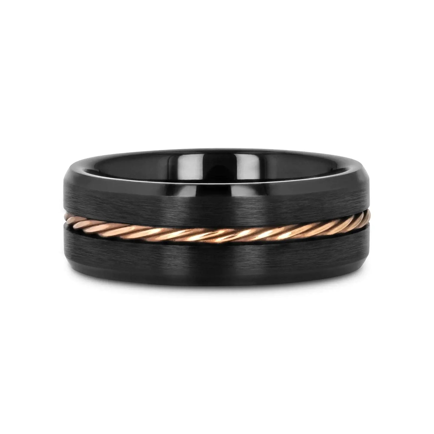 ADELARD Rose Gold Braided Cable Black Tungsten Men’s Wedding Band, Brushed Center with Polished Beveled Edges – 8mm