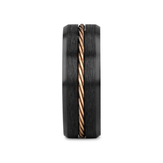 ADELARD Rose Gold Braided Cable Black Tungsten Men’s Wedding Band, Brushed Center with Polished Beveled Edges – 8mm