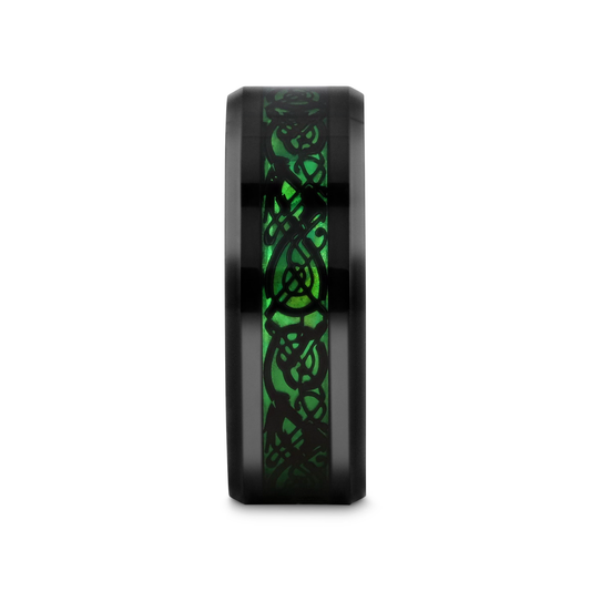 ALLURE Black Dragon Design with Green Background Inlaid Black Tungsten Men's Ring, Clear Coating, Beveled Edge - 8mm