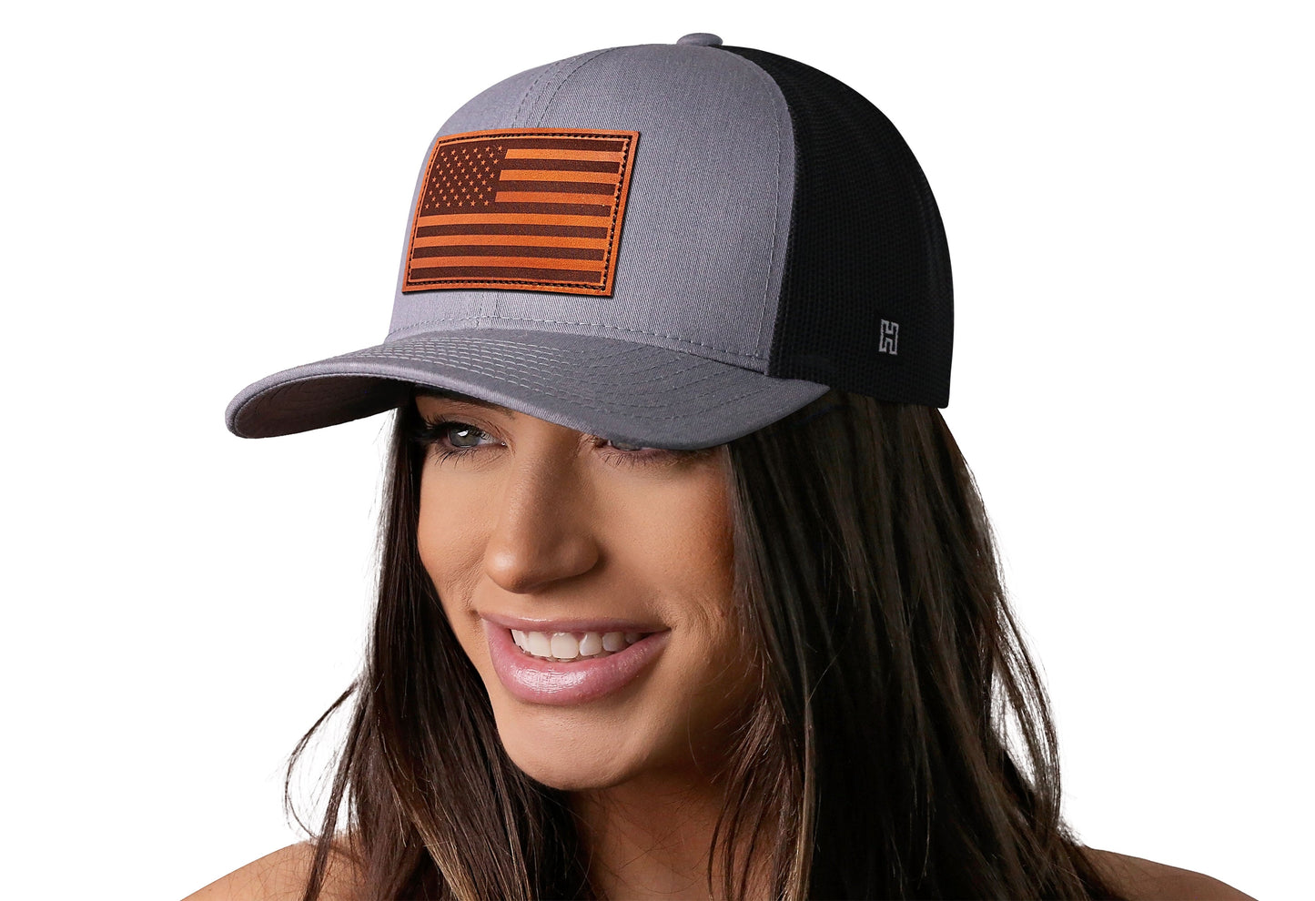 American Flag Trucker Hat Leather | Gray-Black USA Snapback