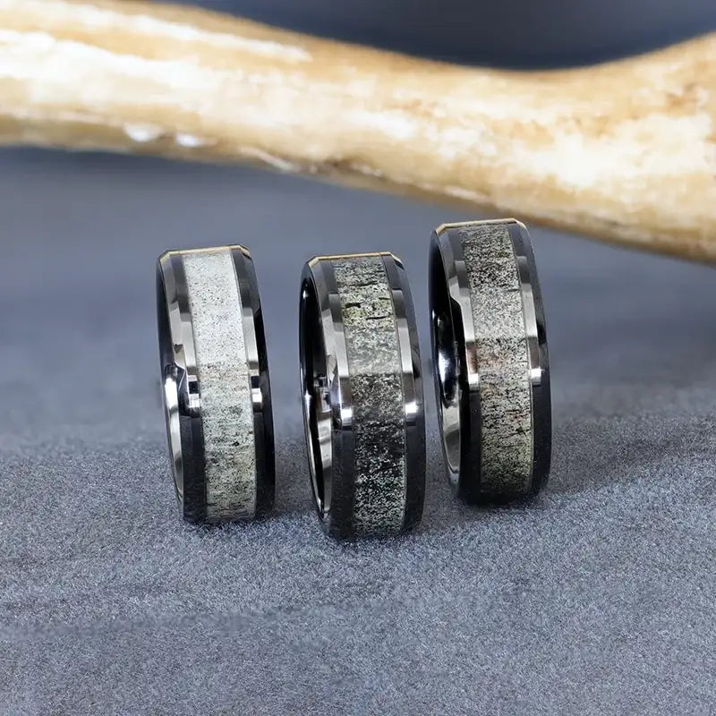 TRES Beveled Black Ceramic Polished Men's Wedding Band with Ombre Antler Inlay - 8mm