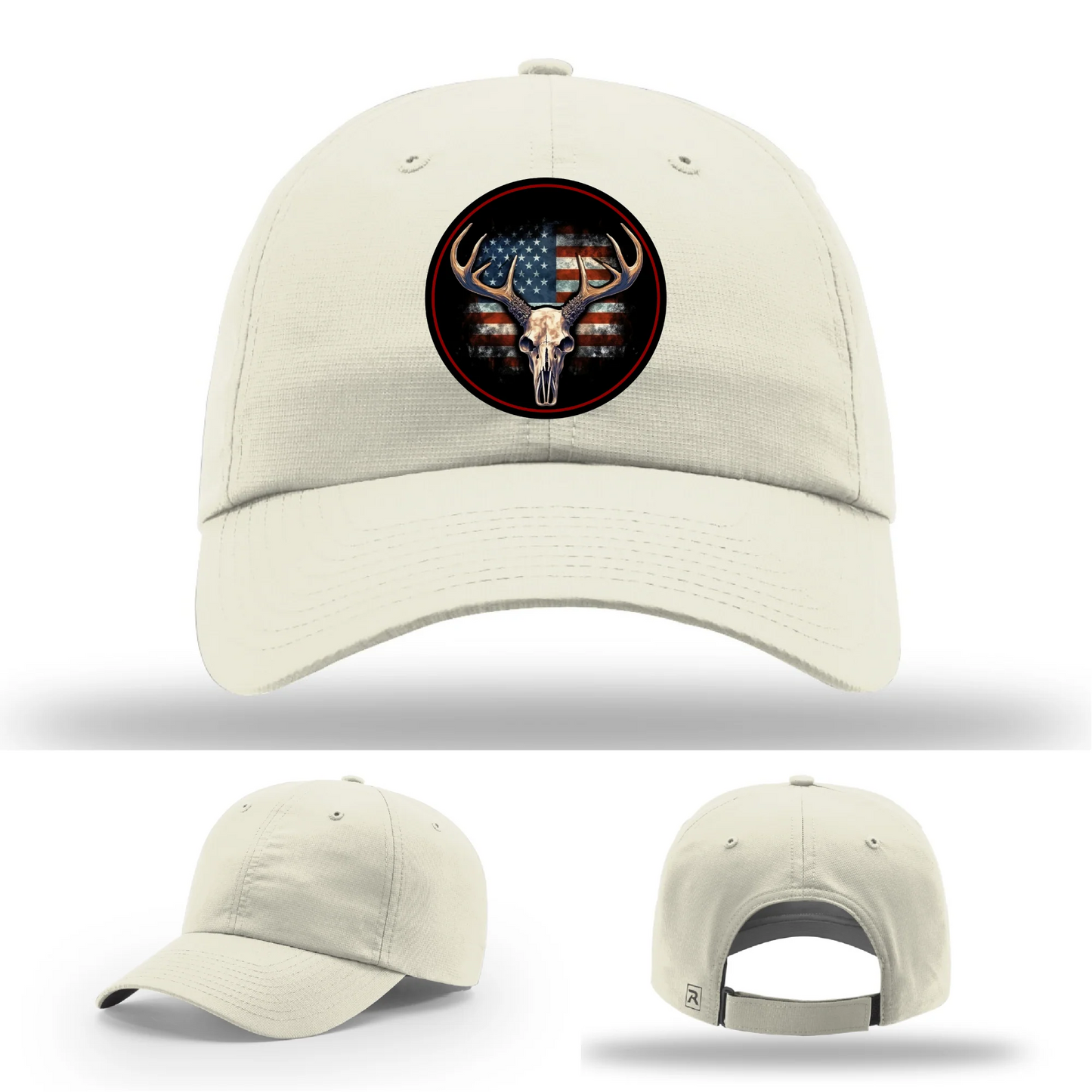 Patriotic Buck II Round Leather Patch Hat Deer Skull and Flag