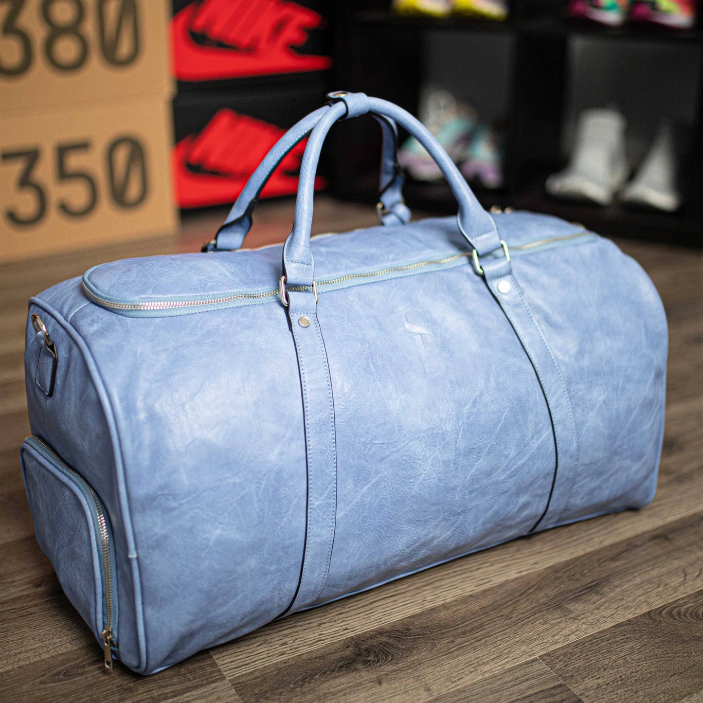 Baby Blue Leather Duffle Bag
