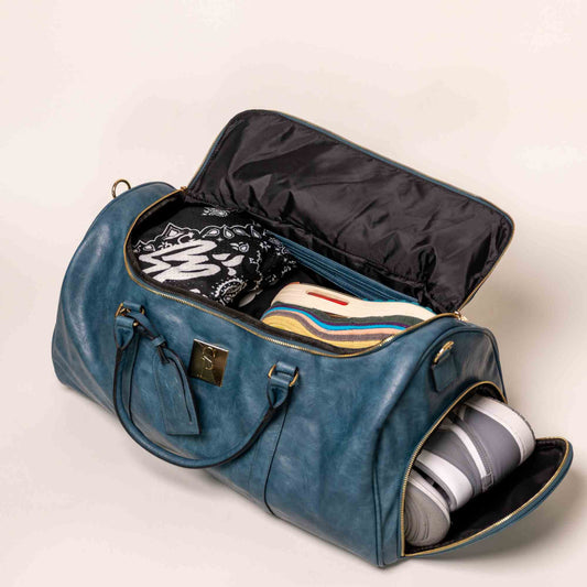 Blue Tumbled Leather Weekender Duffle Bag