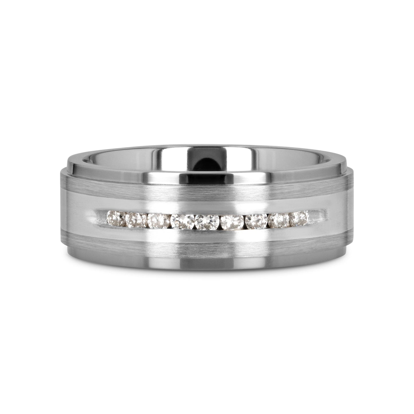 BOND Flat Brushed Silver Inlaid Titanium Men's Wedding Band With 9 Channel Set White Diamonds - 8mm