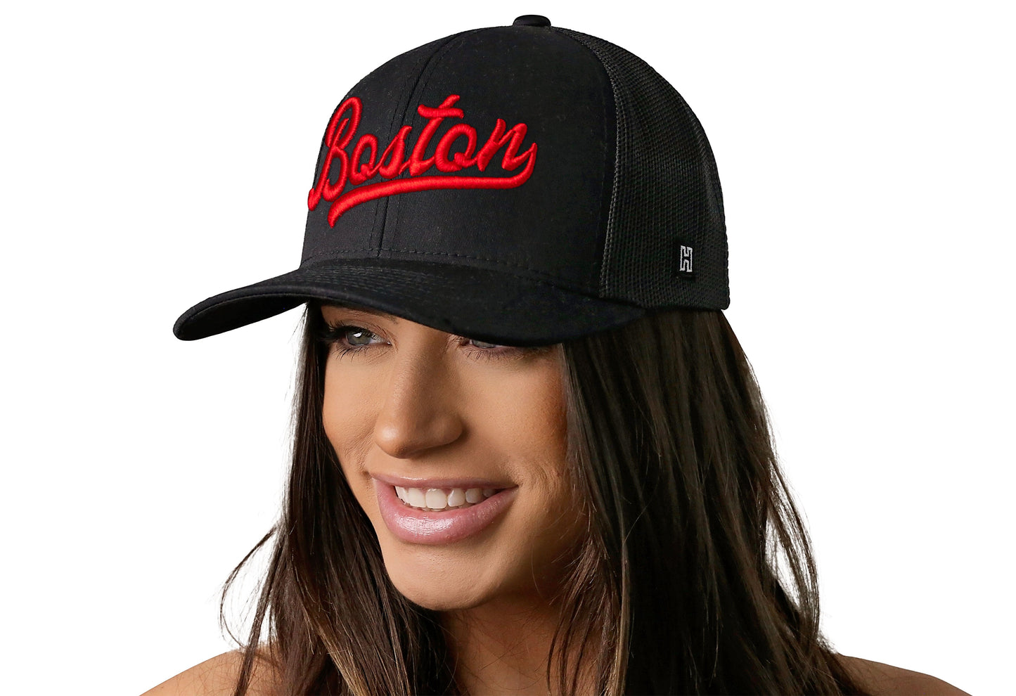 Boston Red Script Trucker Hat | Black Massachusetts Snapback