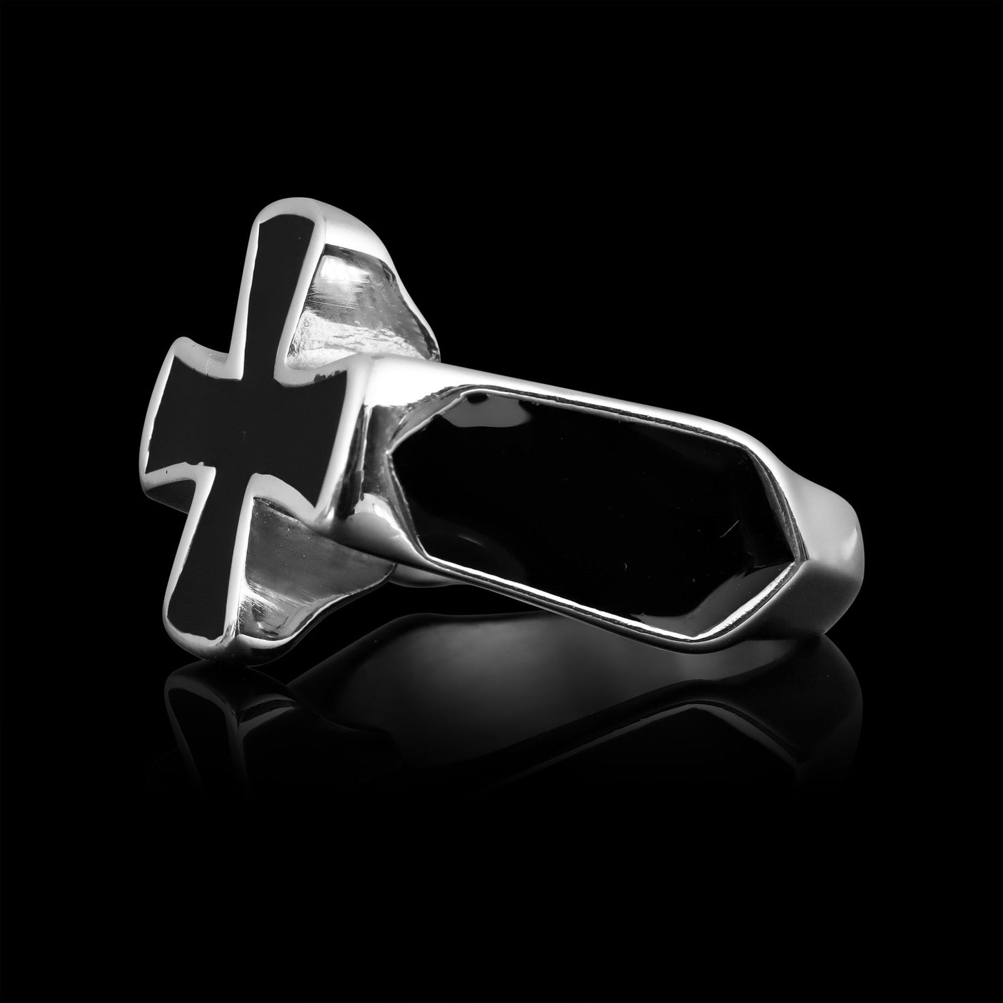 Stainless Steel Polished Black Enamel Cross Ring
