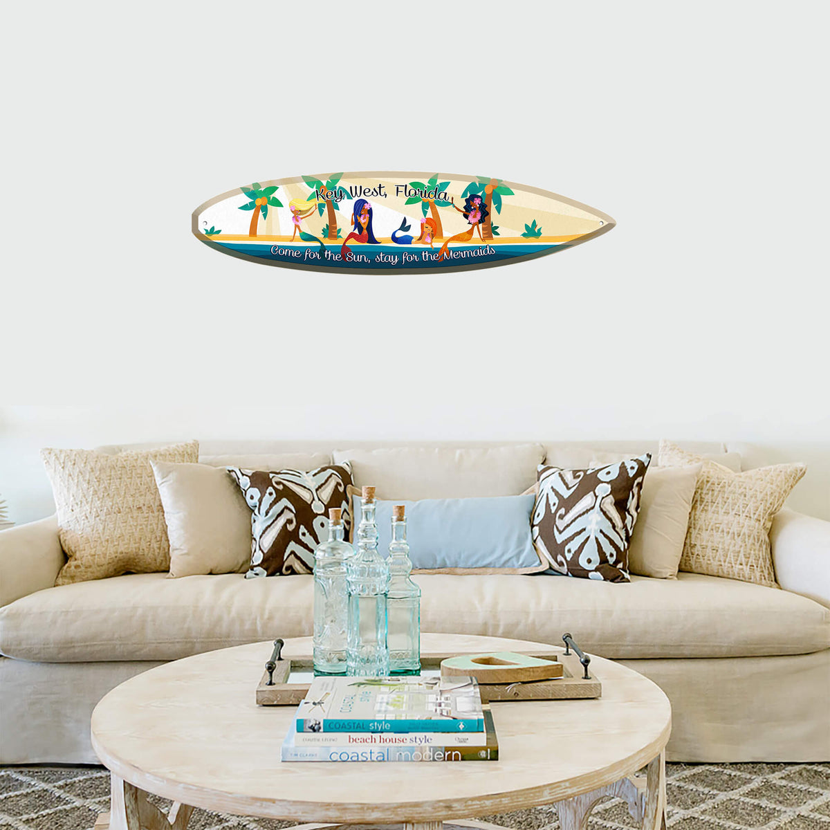 Come for the Sun, Stay for the Mermaids: Personalized - Surfboard Wall Art