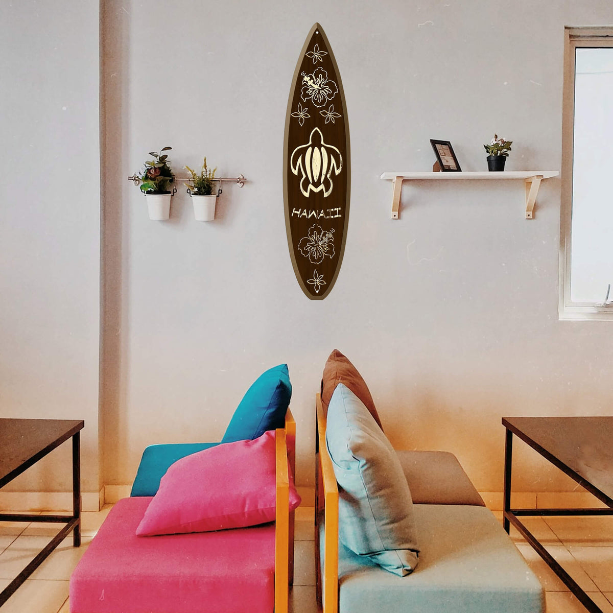 Sea Turtle and Hawaiian Hibiscus - Surfboard Wall Art