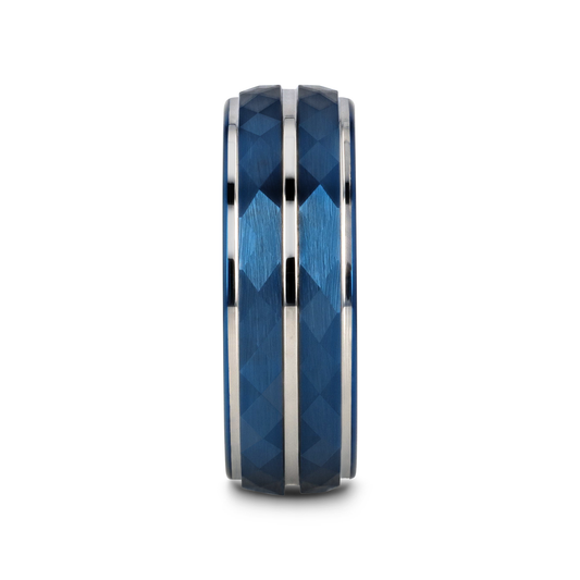 CARMEL Blue Ion Plated Tungsten Carbide Men's Ring With Faceted Center And Stepped Edges - 8mm