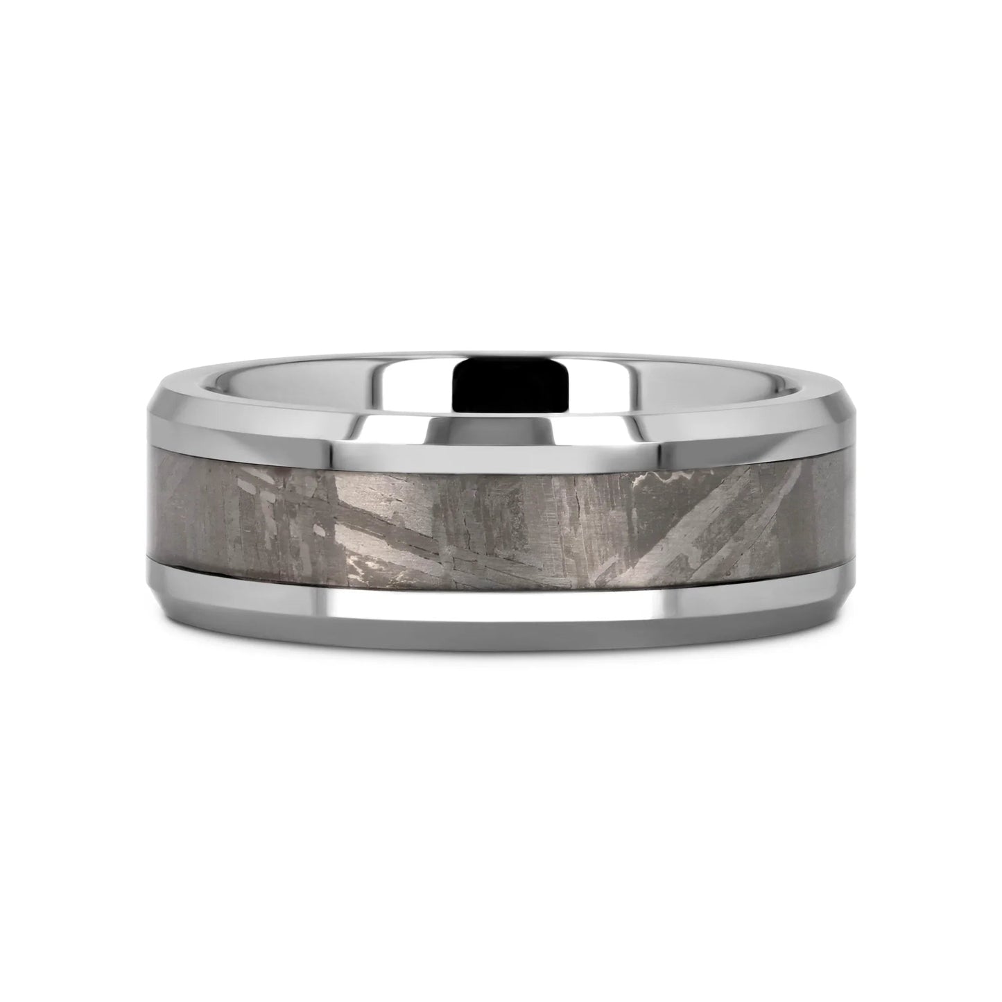 CELESTIAL Flat Tungsten Carbide Ring with Beveled Edges and Meteorite Inlay Thorsten - 8mm