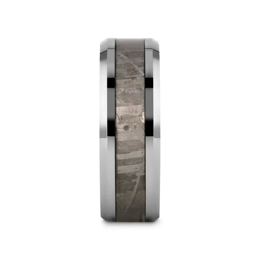 CELESTIAL Flat Tungsten Carbide Ring with Beveled Edges and Meteorite Inlay Thorsten - 8mm