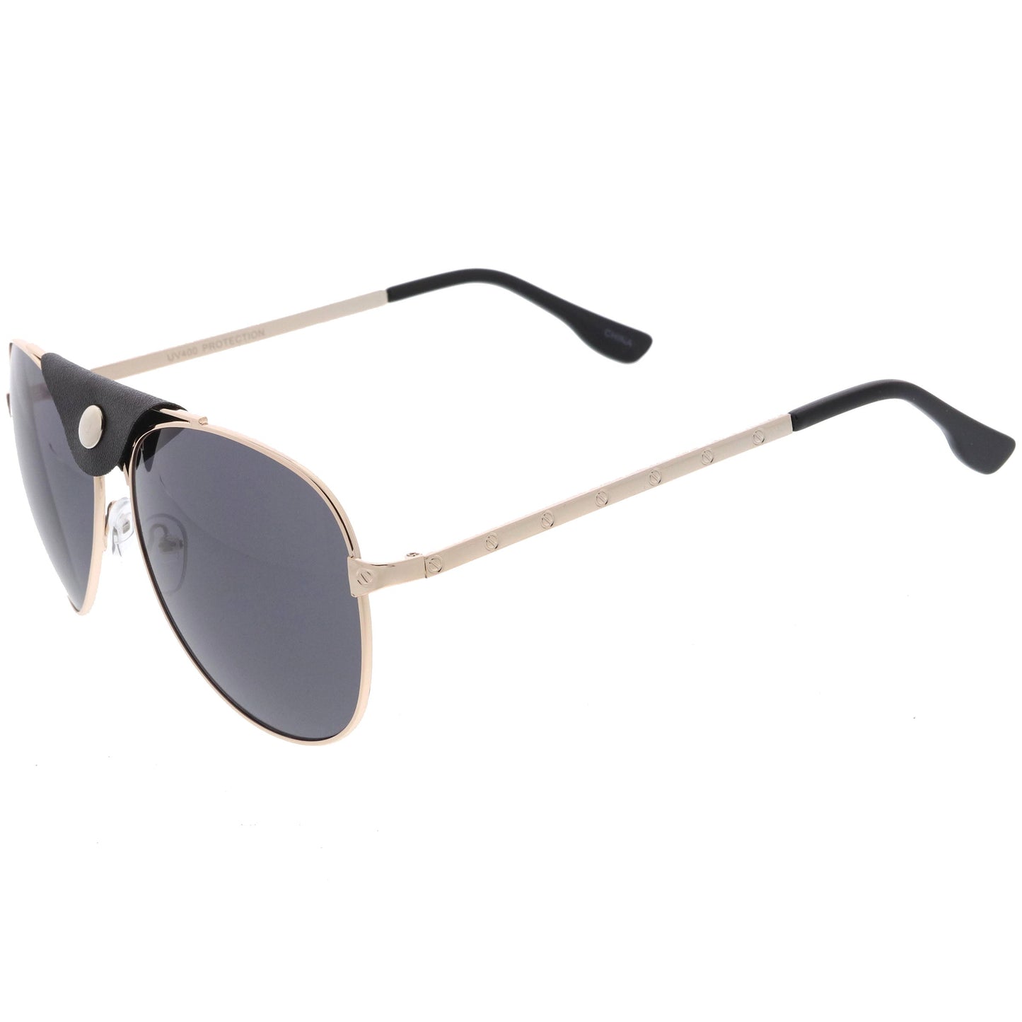 Button Snap Vegan Leather Crossbar Strap Teardrop Oversize Aviator Sunglasses D063