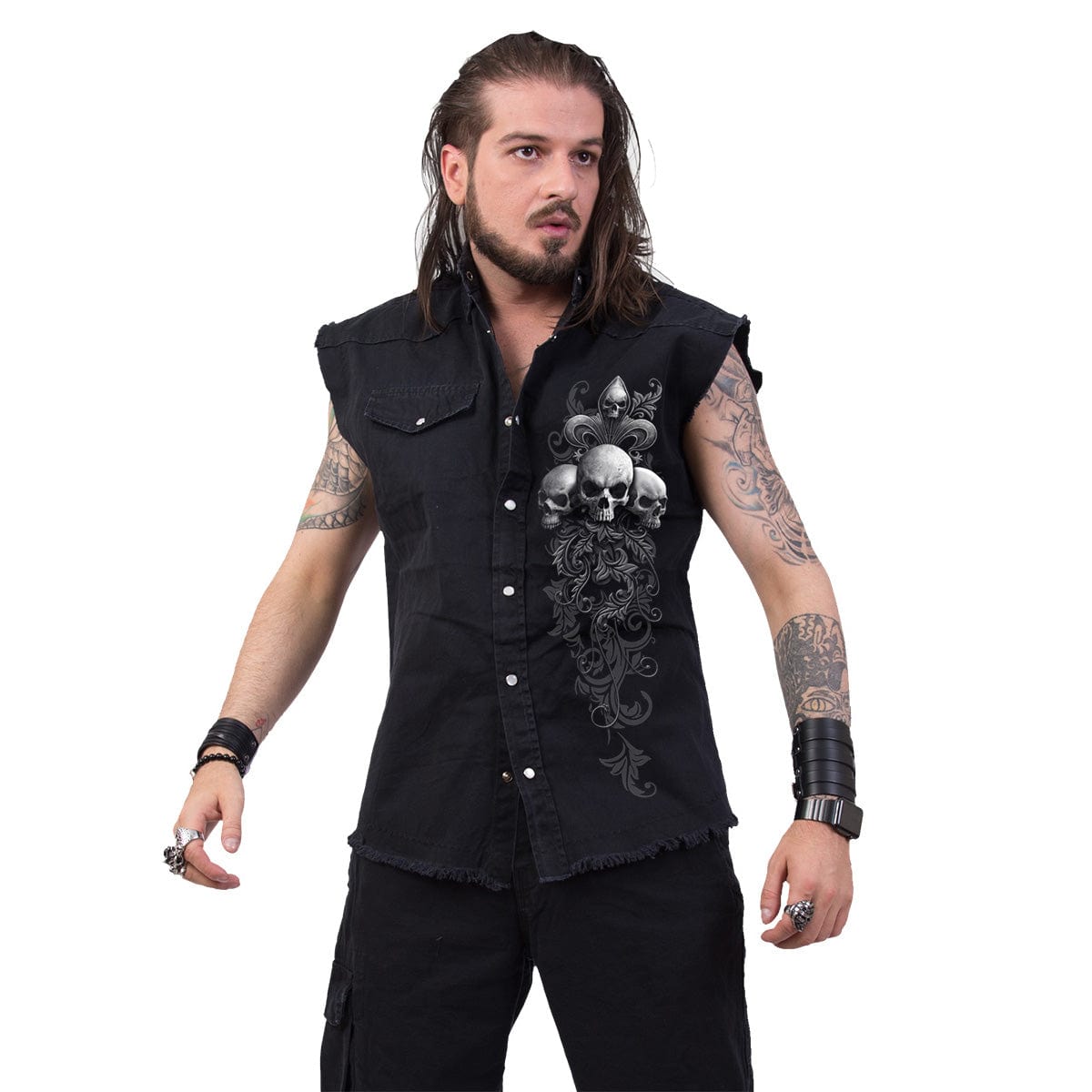 SKULL SCROLL - Sleeveless Stone Washed Worker Black
