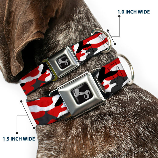 Dog Bone Black/Silver Seatbelt Buckle Collar - Camo Red/Black/Gray/White