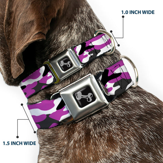 Dog Bone Black/Silver Seatbelt Buckle Collar - Camo Purple/Black/Gray/White