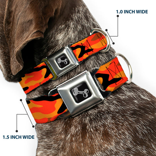 Dog Bone Black/Silver Seatbelt Buckle Collar - Camo Oranges/Black