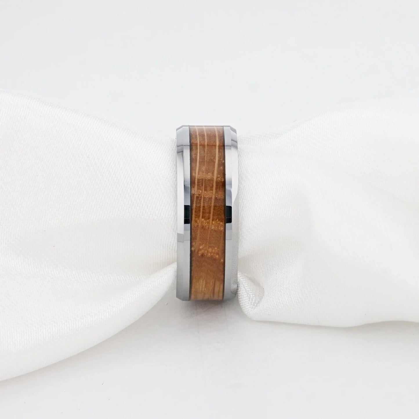 DISTILLED Whiskey Barrel Inlaid Tungsten Men's Wedding Band With Beveled Polished Edges Made From Genuine Whiskey Barrels - 8mm