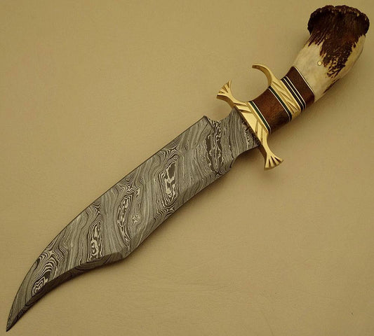 Custom Handcrafted Bowie Knife - Damascus Steel Blade, Rosewood Handle with Brass Double Guard & Stag Crown, 15" Overall Length | Leather Sheath | KBS Knives