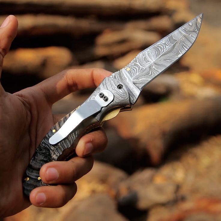 Mountain Majesty - Custom Handcrafted Damascus Steel Folding Pocket Knife with Sheep Horn Handle and Damascus Bolster