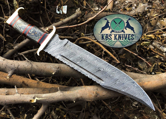 Western Outlaw Bowie Knife - Custom Handcrafted Damascus Steel Blade, Exotic Wood Handle, Red Fiber Spacers, Brass Guards, 16" Overall Length | Leather Sheath | KBS Knives