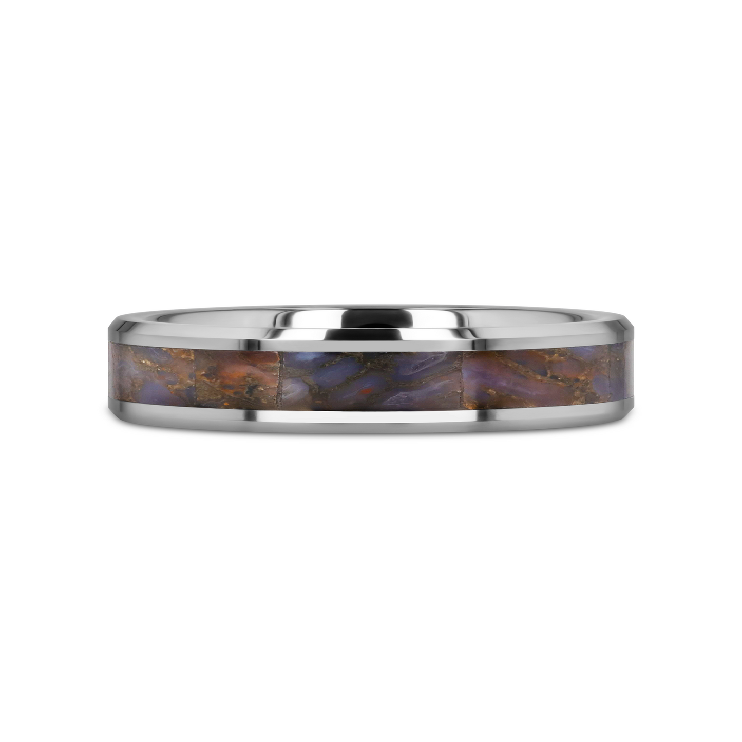 DEVONIAN Blue Dinosaur Bone Inlaid Tungsten Carbide Beveled Edged Ring - 4mm or 8mm