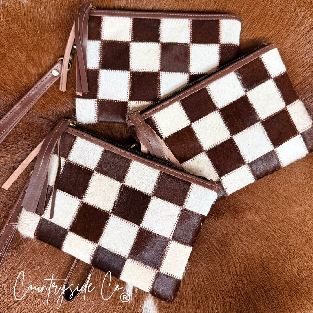 Josie Checkered Cowhide Wristlet Pouch