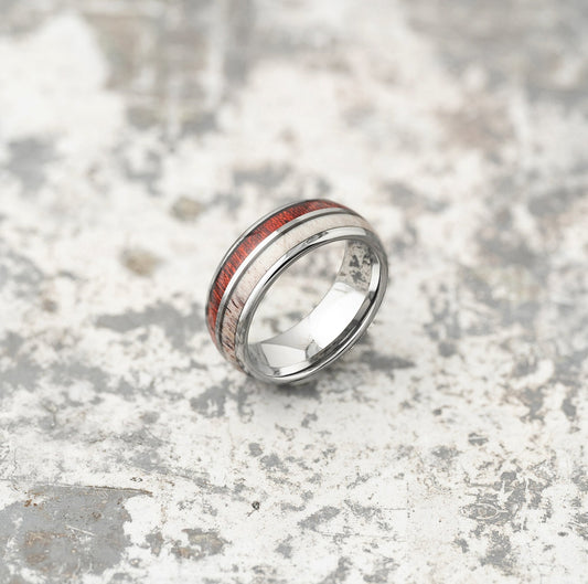 Silver Tungsten Ring - Antler & Koa Wood