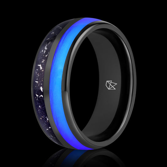 Black Tungsten Ring - Blue Glow & Real Meteorite