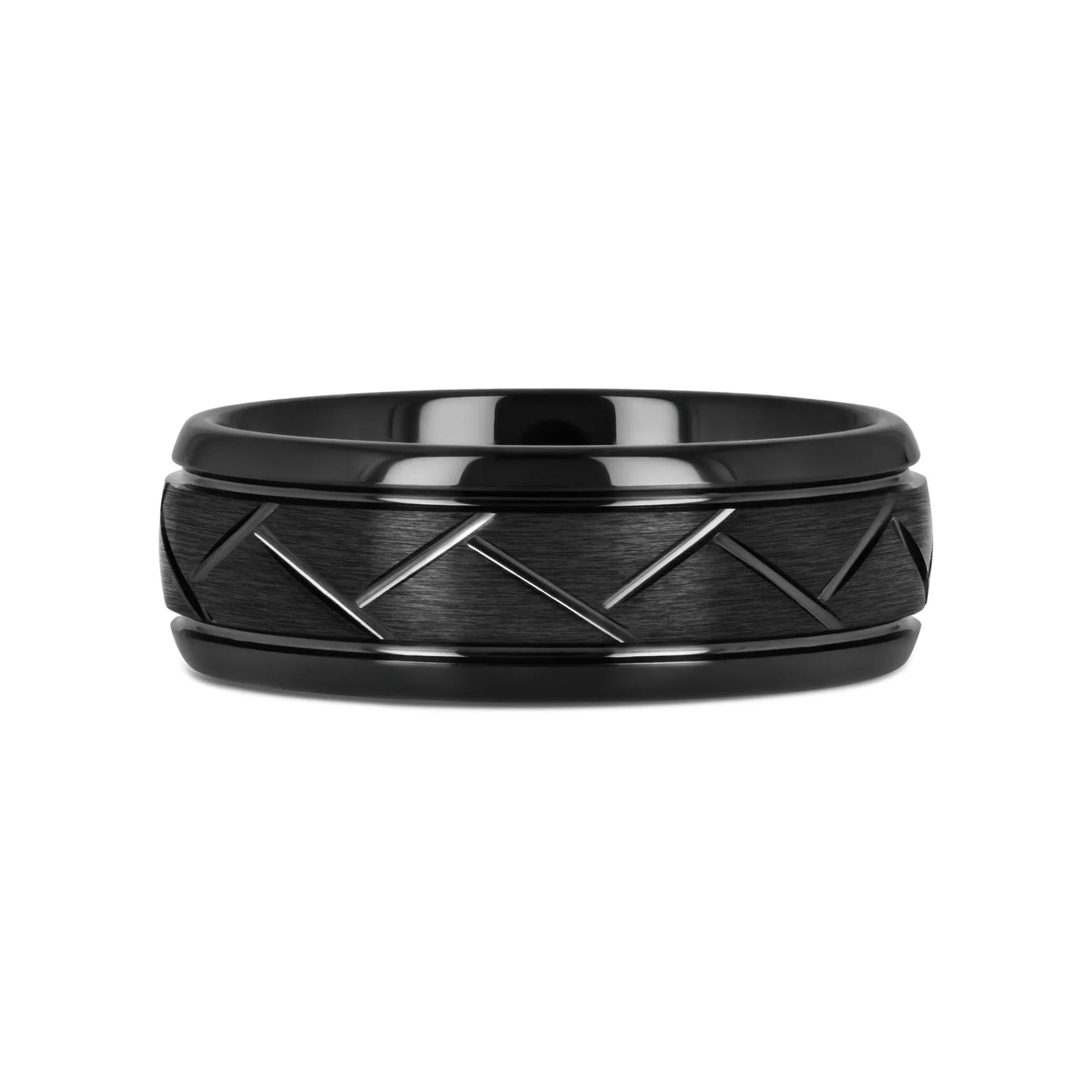 ENIGMA Domed Black Tungsten Ring with Brushed Cross Alternating Diagonal Cuts Pattern – 8mm