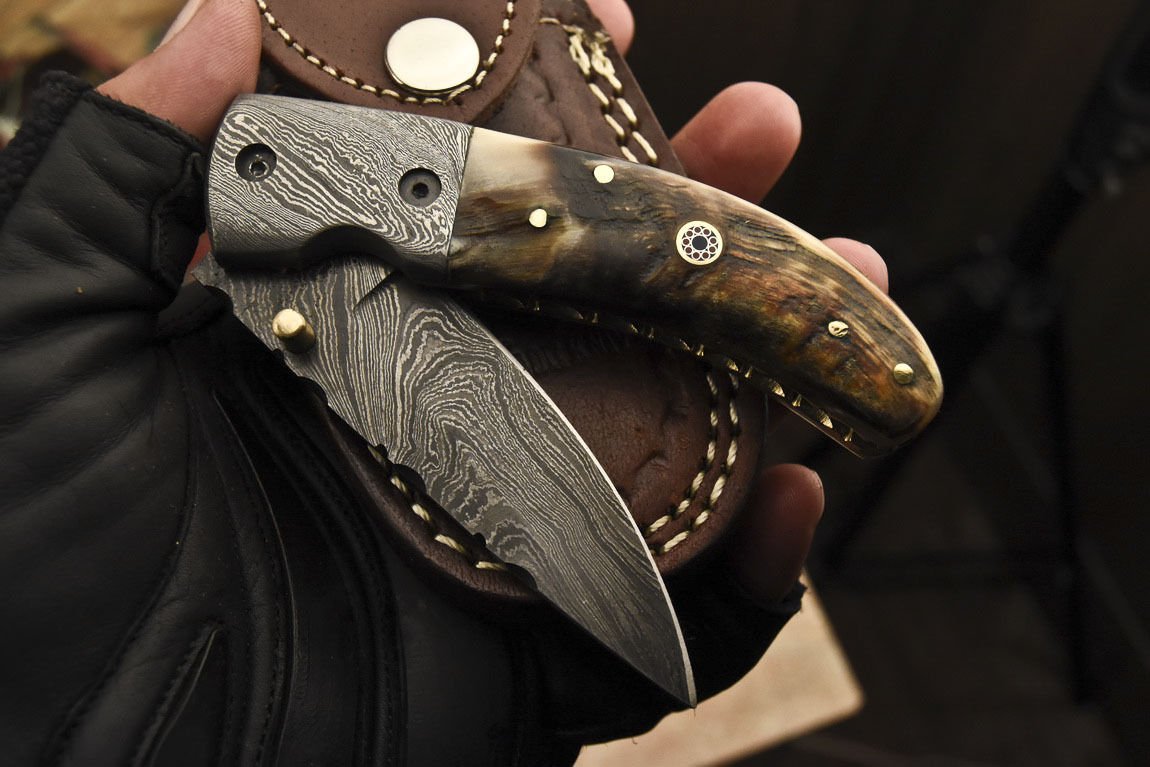 Everyday Carry Custom Handcrafted Damascus Steel Folding Pocket Knife with Mountain Sheep Horn & Damascus Bolster Handle – The Summit
