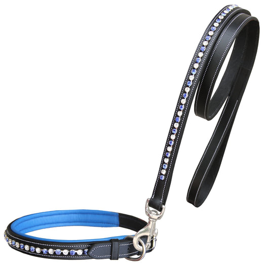 ExionPro White & Blue Bling Dog Collar With Leash