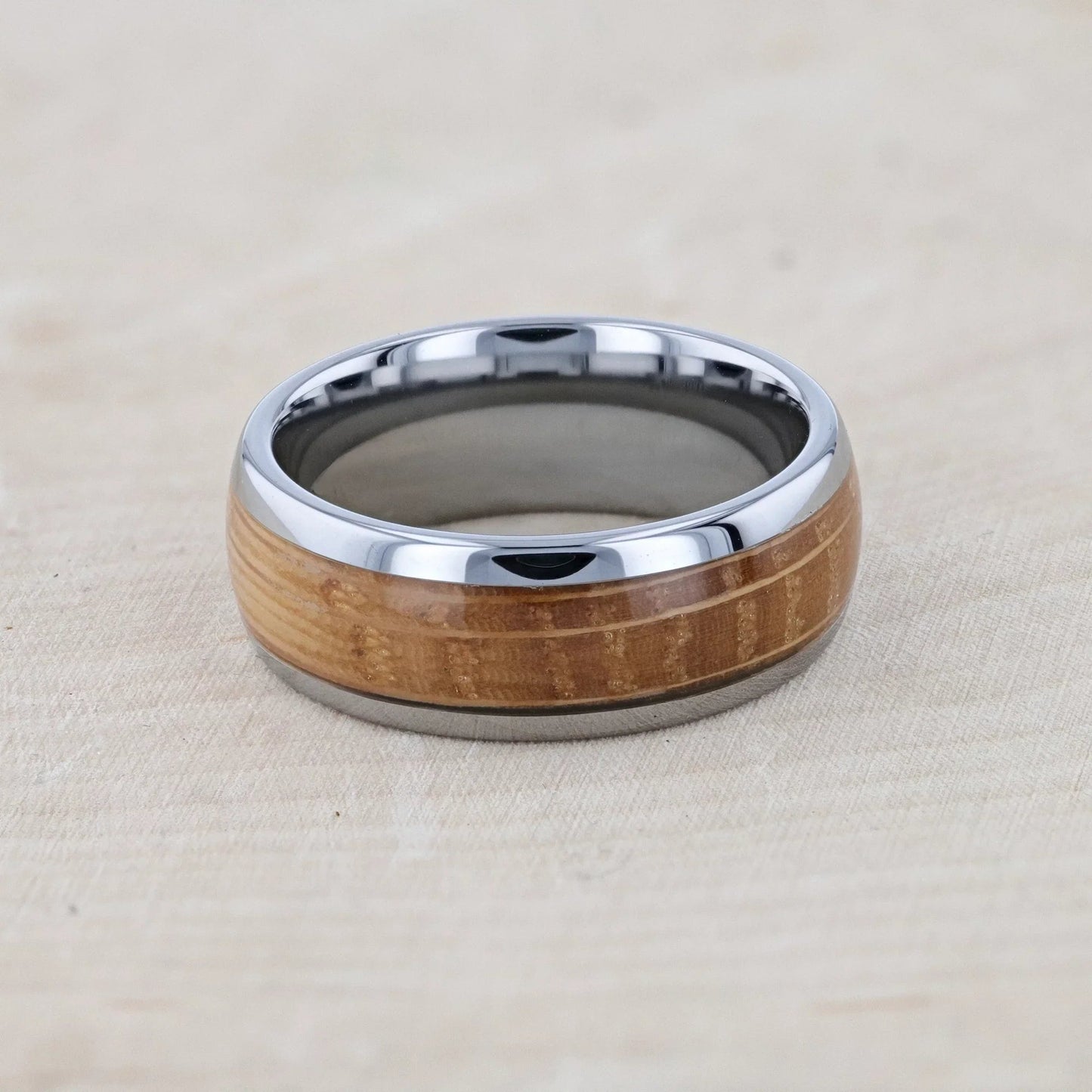 FORMENT Whiskey Barrel Inlaid Tungsten Men's Wedding Band With Domed Polished Edges Made From Genuine Whiskey Barrels - 8mm