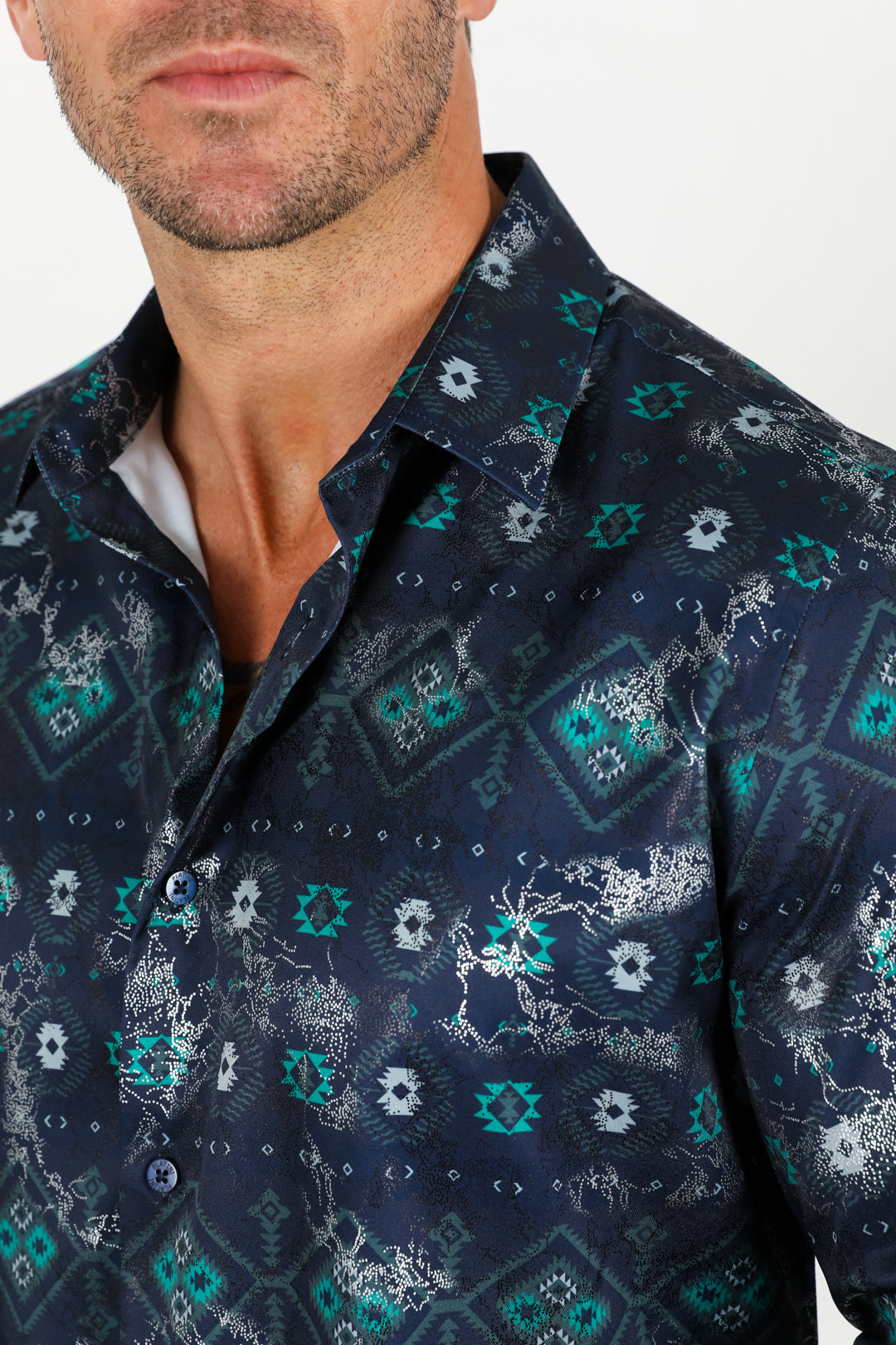 Mens Modern Fit Stretch Foiled Shirt - Navy