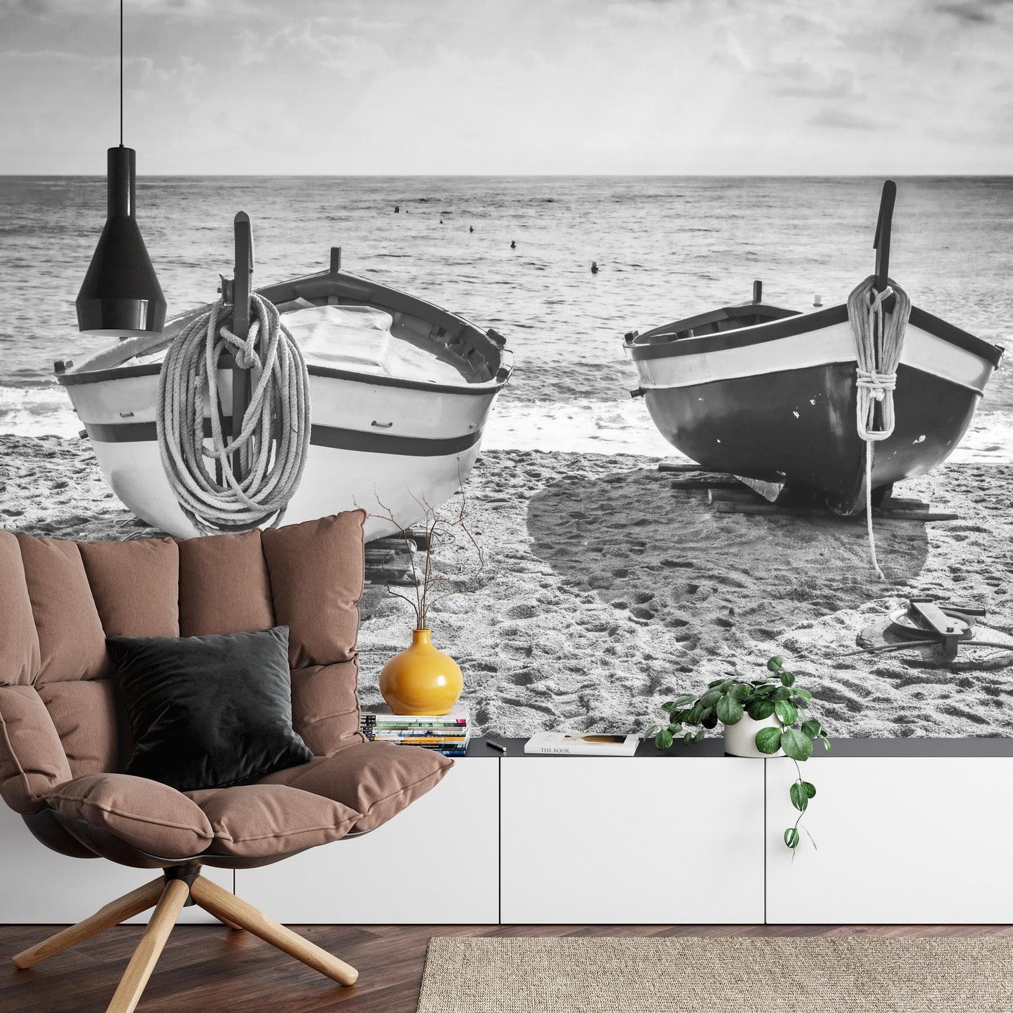 Black and White Nautical Theme Wallpaper Mural. Boat on Shore Wall Mural. #FT-380