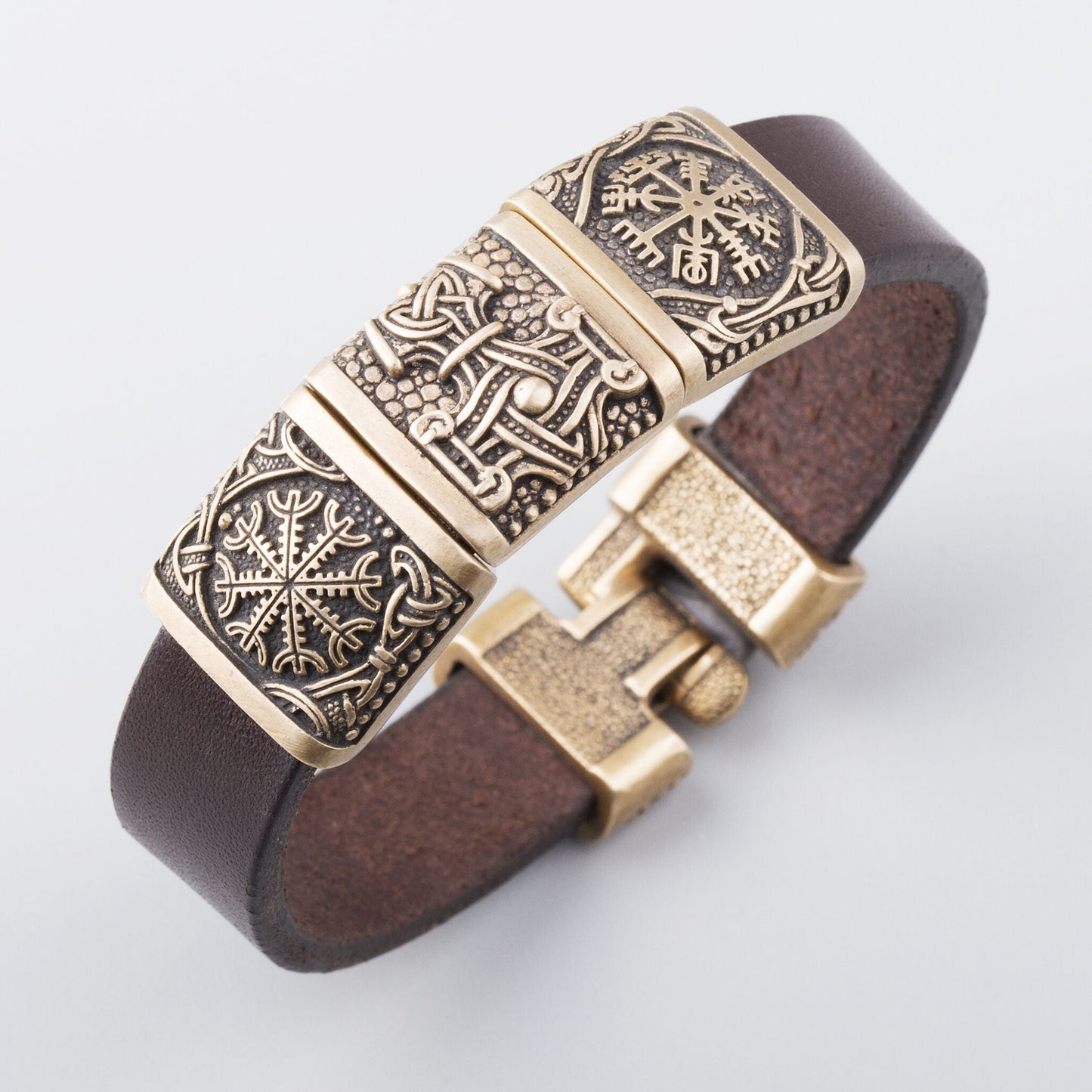 Viking Leather & Bronze Helm of Awe - Mjolnir - Vegvisir bracelet