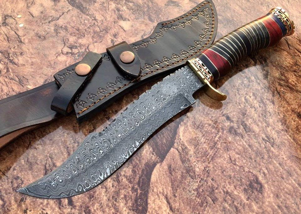 Fancy Bowie Knife - Custom Handcrafted Damascus Steel Blade, Colored Woods Handle, Brass Spacers and Guard, 15" Overall Length | Leather Sheath | KBS Knives