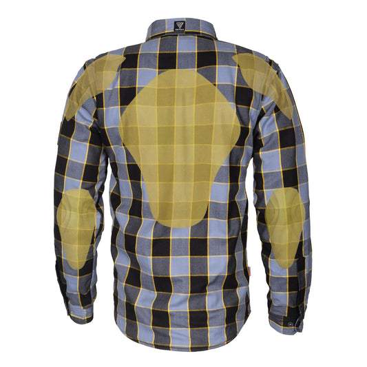 Protective Flannel Shirt - Grey Checkered and Yellow Stripes with Pads