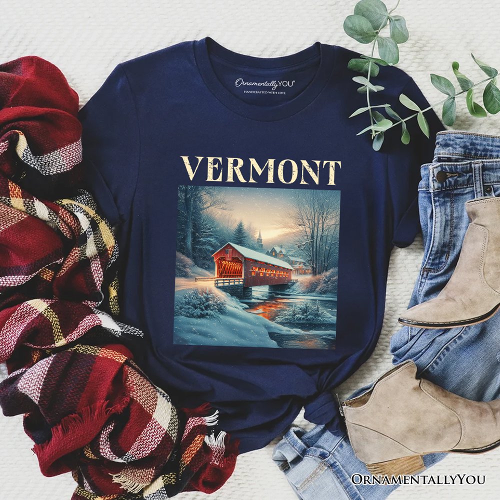 Rustic Red Covered Bridge Vermont State T-Shirt, New England Historical Tee and Travel Souvenir