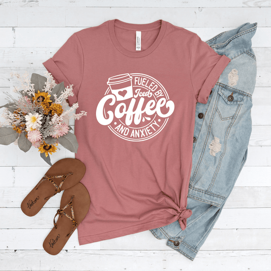 Fueled By Iced Coffee & Anxiety | White Design | Adult T-Shirt