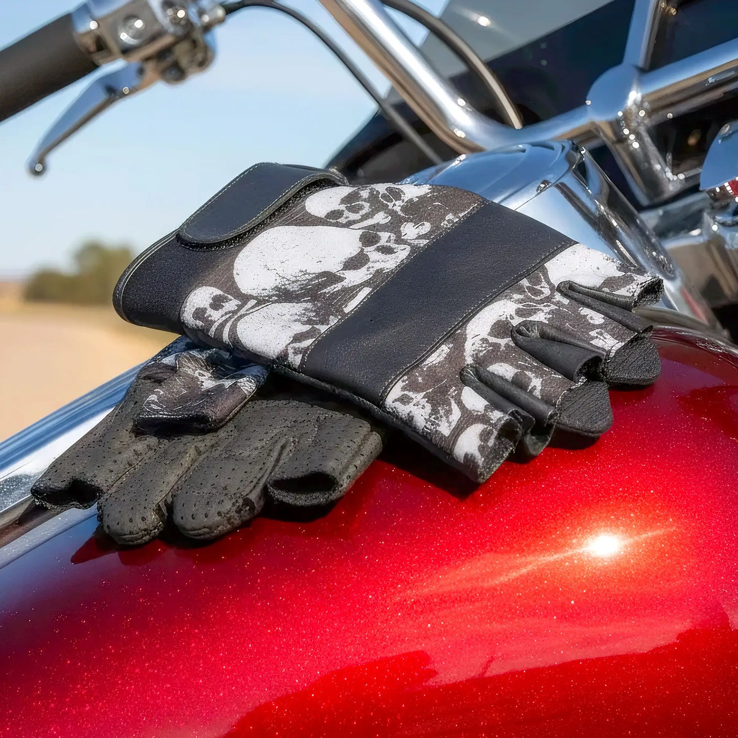 Hot Leathers GVM3009 Uni-Sex Black 'Ancient Skulls' Fingerless Leather Gloves
