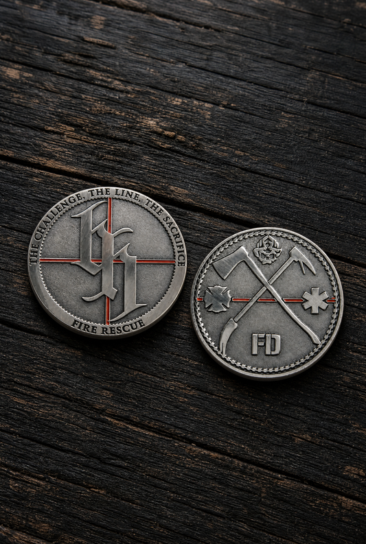 The Challenge, The Line, The Sacrifice. Thin Red Line Fire Rescue Challenge Coin