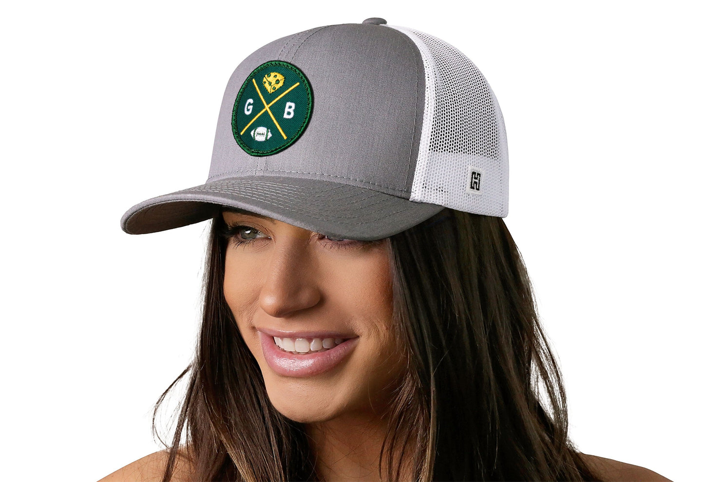 Green Bay Trucker Hat | Gray-White GB Cheese X Football Snapback