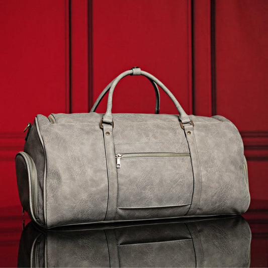 Grey Tumbled Leather Weekender Duffle Bag