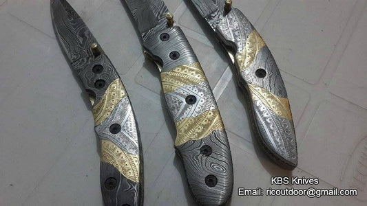 Everyday Carry Set of 3 Hand Engraved Damascus Steel Folding Pocket Knives with Steel and Brass Handles – The TriGuard Collection