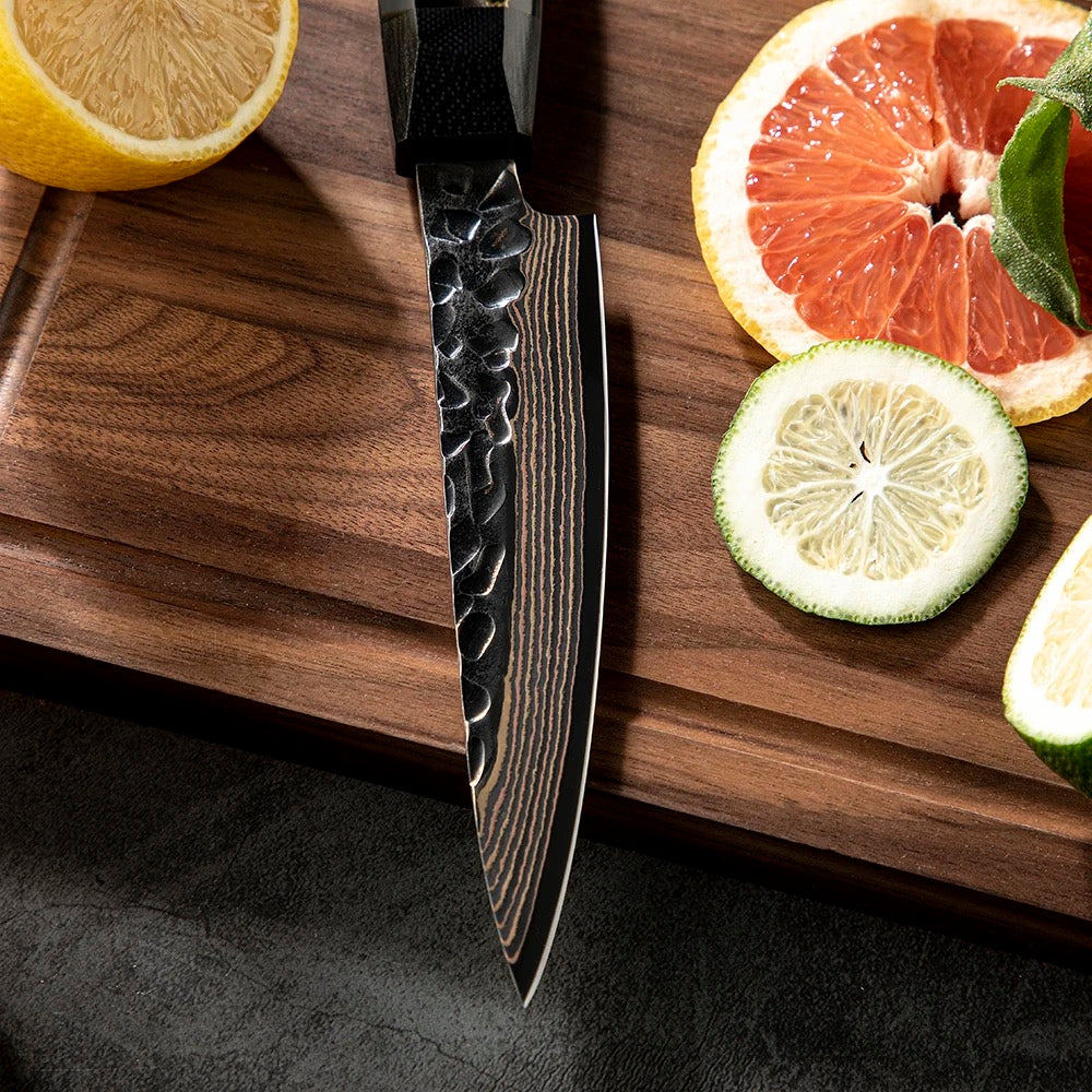 Starfall Japanese Chef Knife Set with Exotic Copper Damascus and Raffir Noble Handle