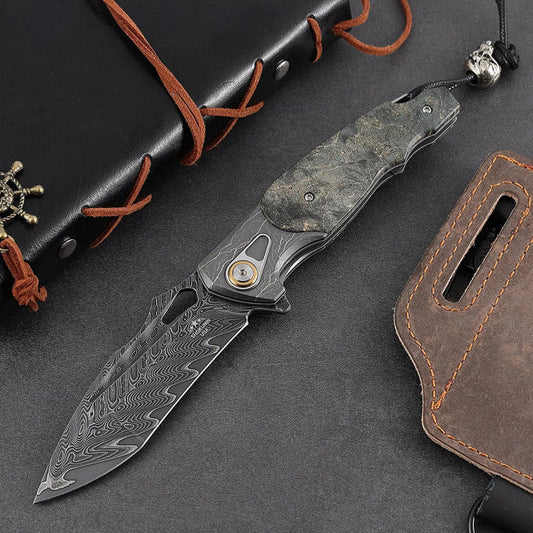 Feoh Japanese Damascus Pocket Knife VG10 with Stained Maple Burl Handle