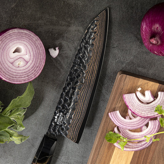 Majestic Japanese Copper Damascus Chef Knife with Rare Raffir Noble Handle Handle